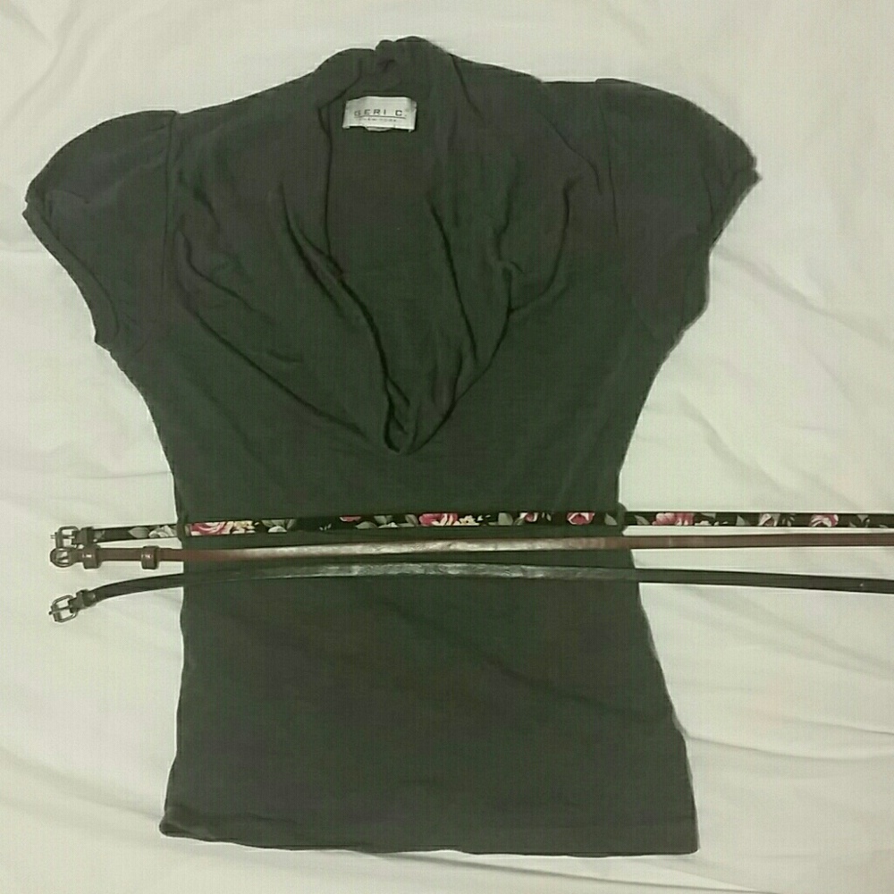 Gray Cowl Neck Short Sleeve Sweater with 3 Belts